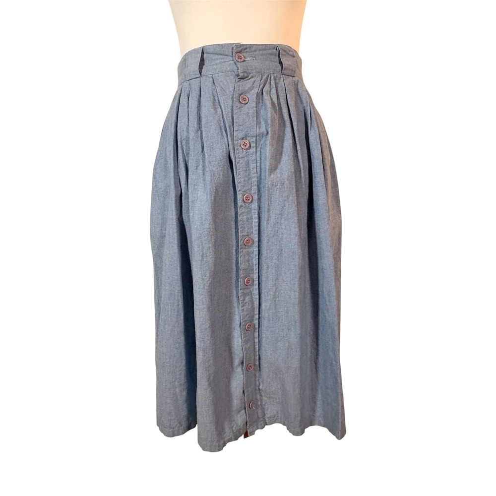 Vintage 100% Cotton Blue Midi Skirt Women's XS Pleated Cottagecore Prairie Retro